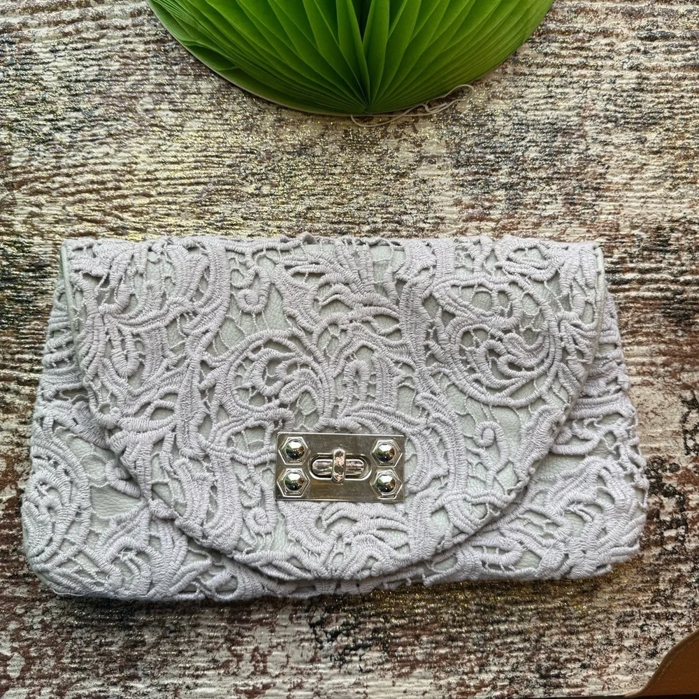Light Gray Lace Clutch with Chain Strap Evening Formal Bag